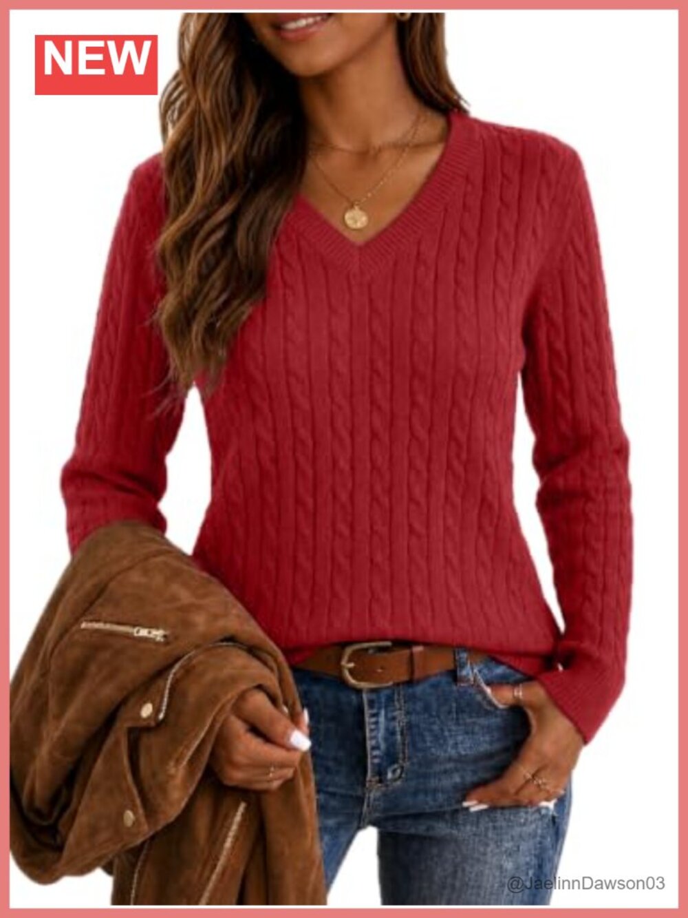 Womens 100% Cotton Cable Knit V-Neck Pullover Sweater Fitted Long Sleeve